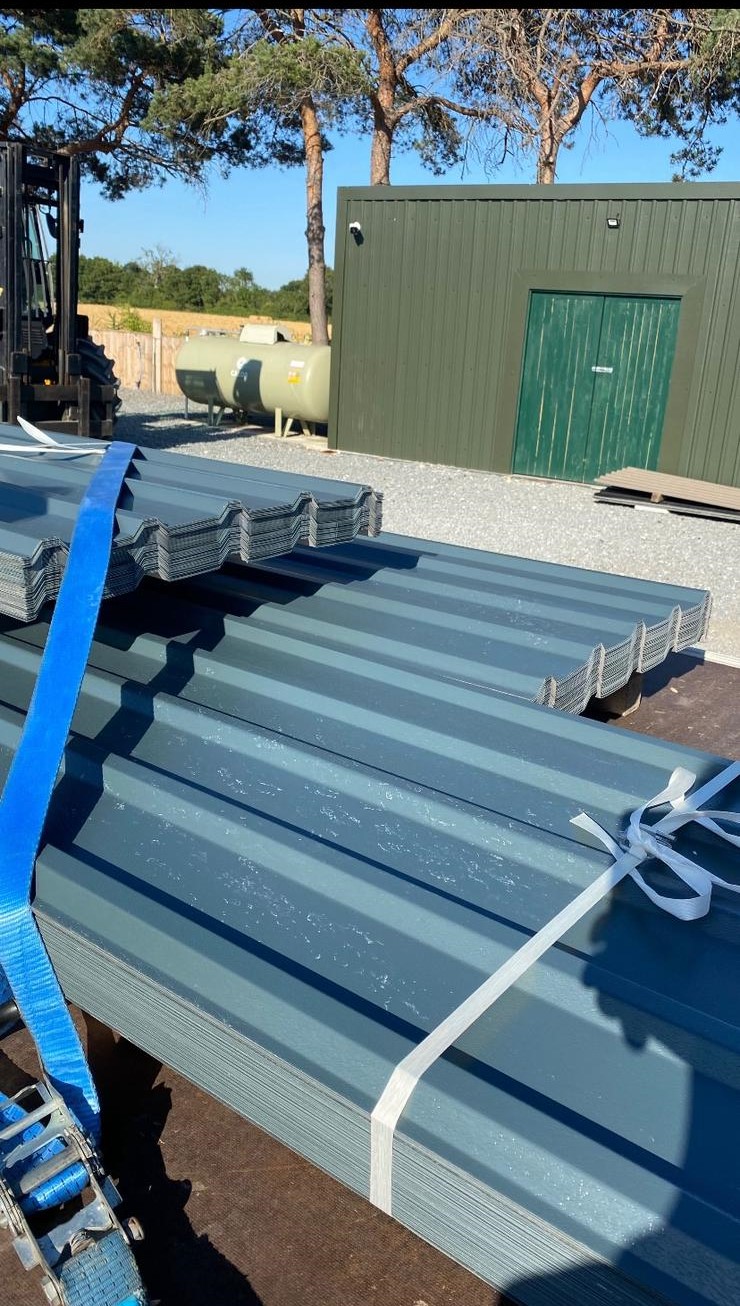 Slate Blue box profile roofing installed on a workshop.